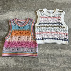 Zara Sweater Vests Womens Medium Pink White Knit Crochet Sleeveless Grannycore
